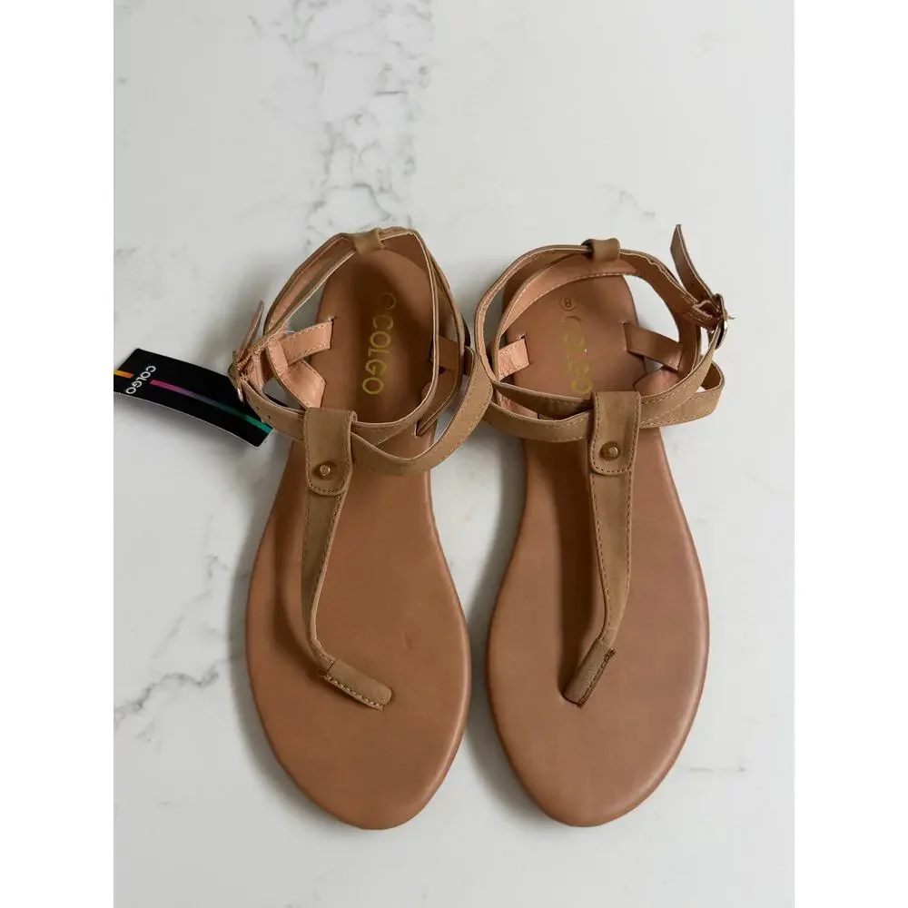 COLGO Women’s T-Strap Flat Sandals Tan Size 8 New With Tags
